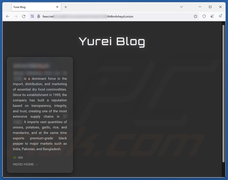Sito web del ransomware Yurei