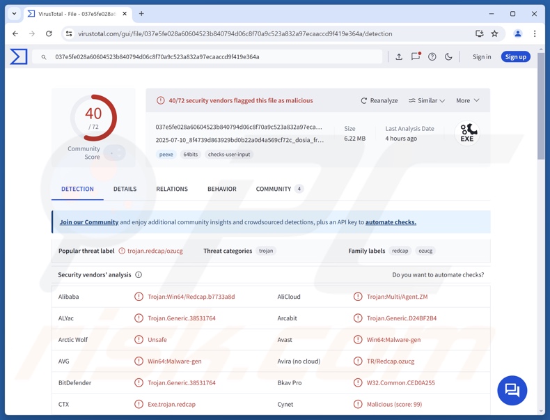 Rilevamenti del malware ZynorRAT su VirusTotal
