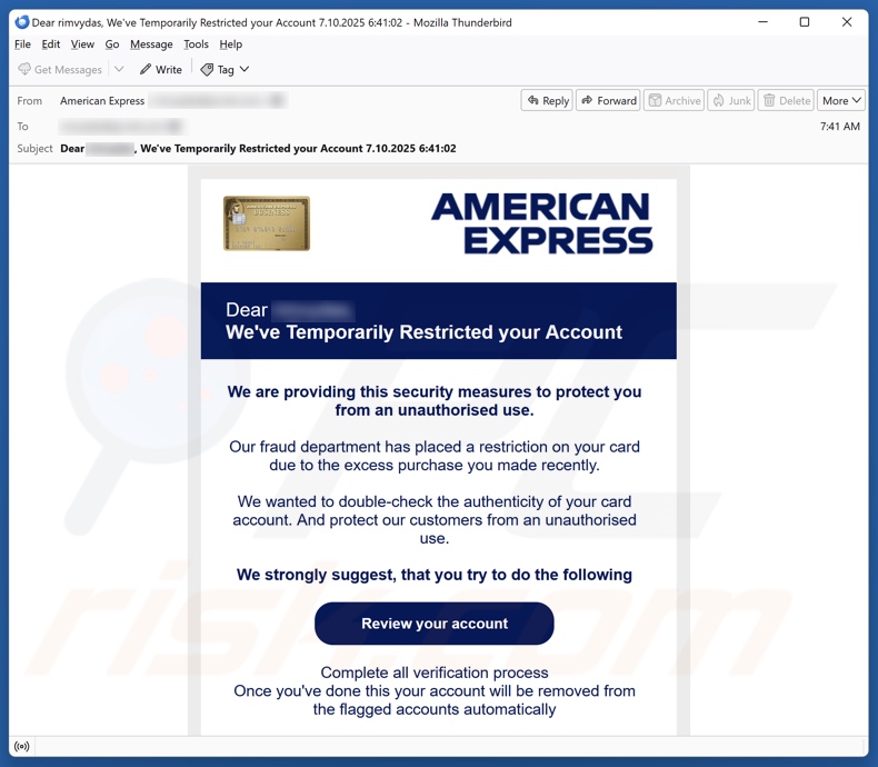 American Express - Account Restricted Campagna di spam via e-mail