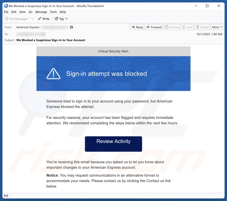 American Express - Sign-in Attempt Was Blocked campagna di spam via e-mail