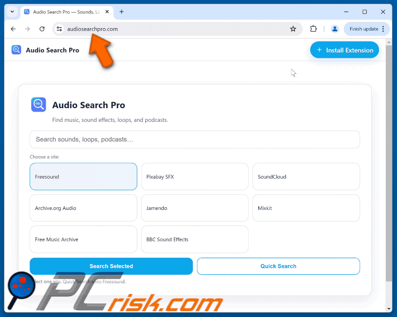 Audio Search Pro browser hijacker che reindirizza a audiosearchpro.com (GIF)