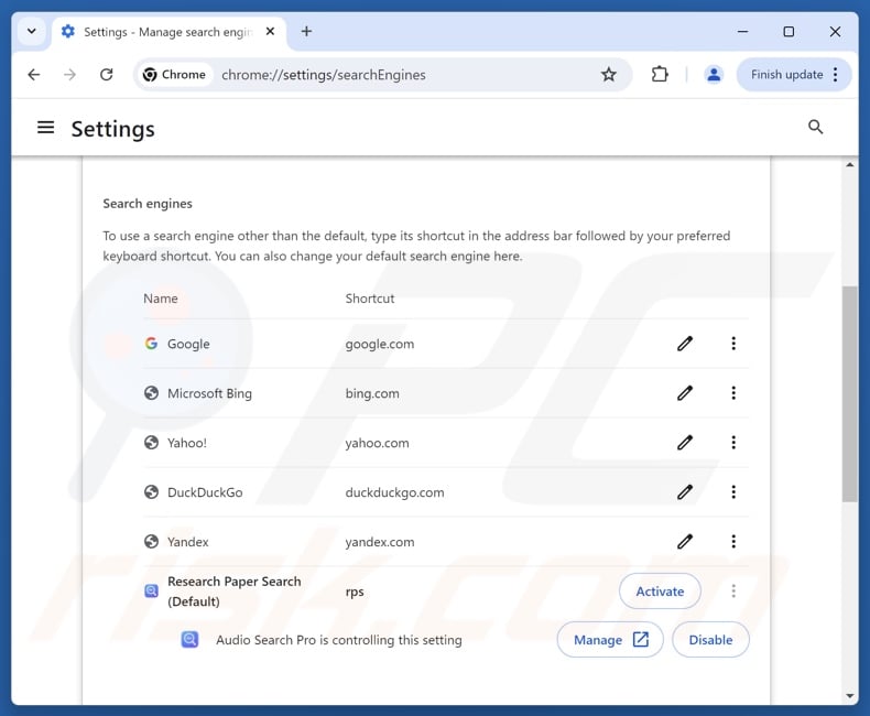 Rimozione di audiosearchpro.com dal motore di ricerca predefinito di Google Chrome