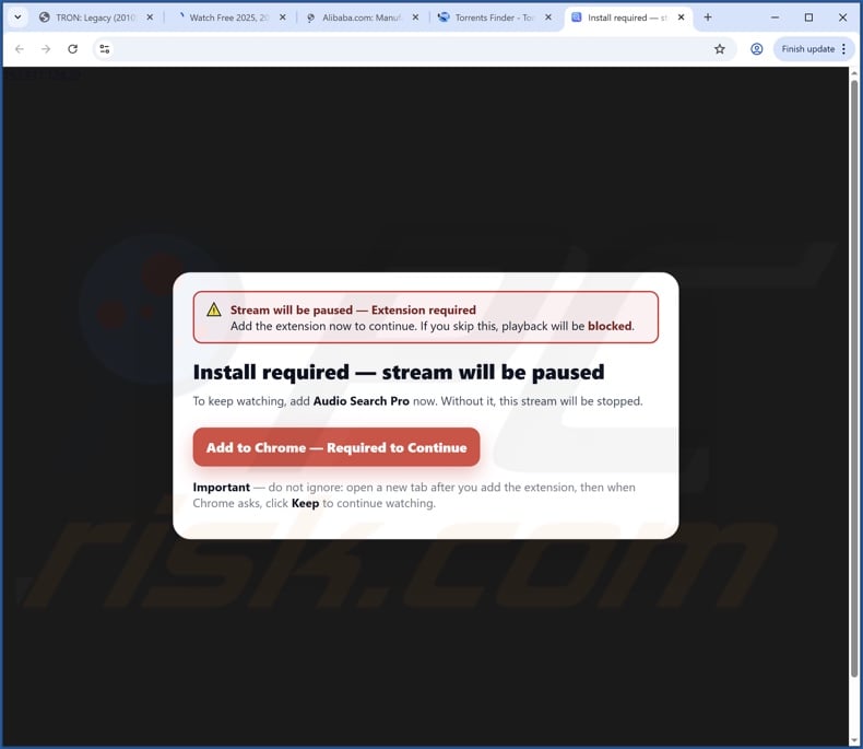 Sito web fraudolento utilizzato per promuovere il browser hijacker Audio Search Pro