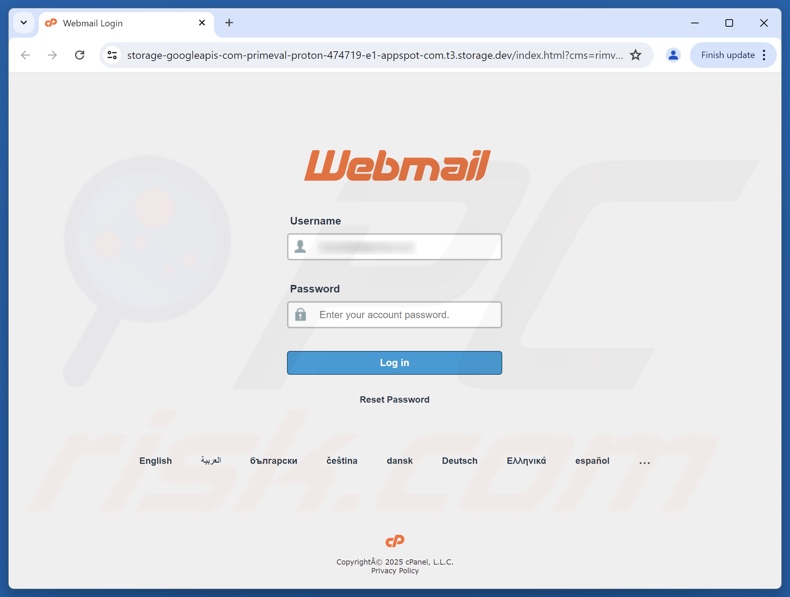 cPanel - Webmail Update Required e-mail truffaldina che promuoveva un sito di phishing