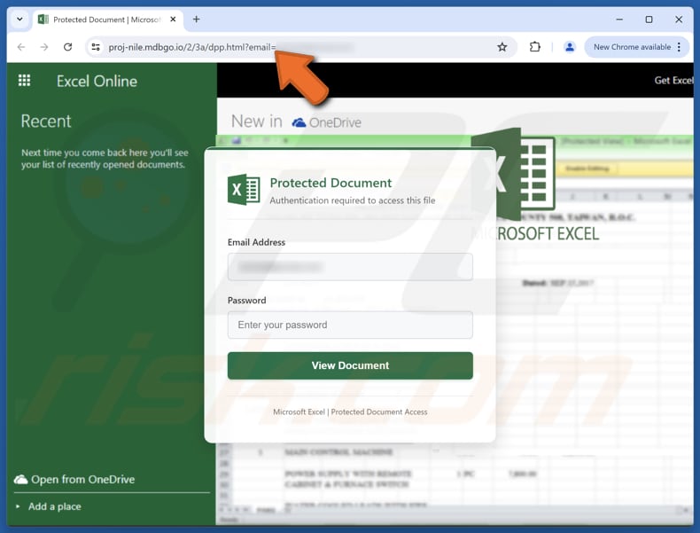 Excel Online Manager Pagina di phishing per truffe via e-mail
