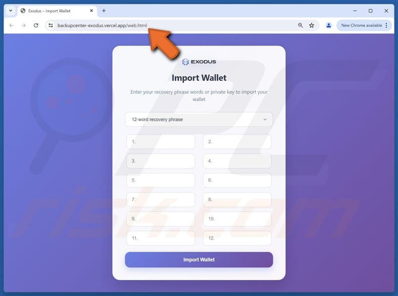 Exodus Wallet Verification Truffa via e-mail sito web falso
