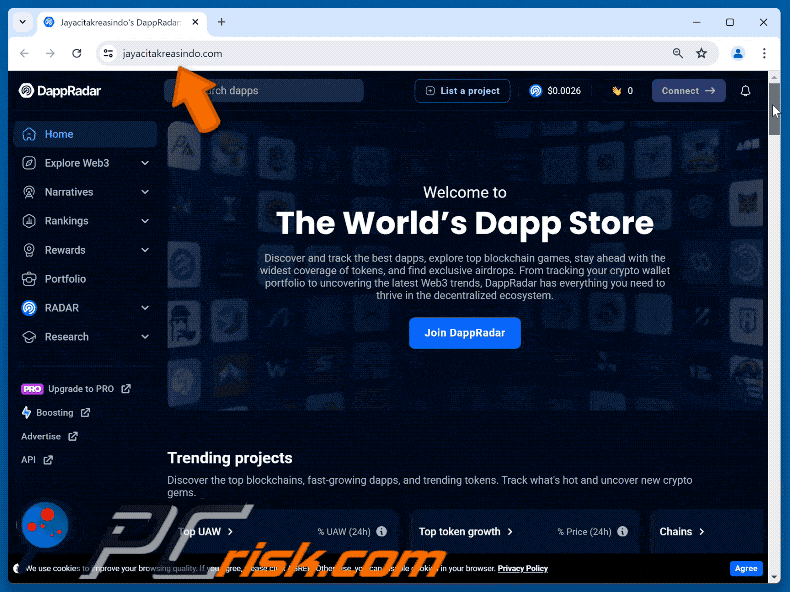 Aspetto del sito web falso DappRadar