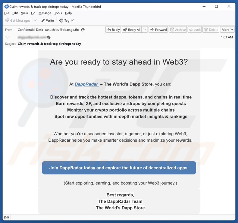 Email che promuove la truffa del sito web falso DappRadar
