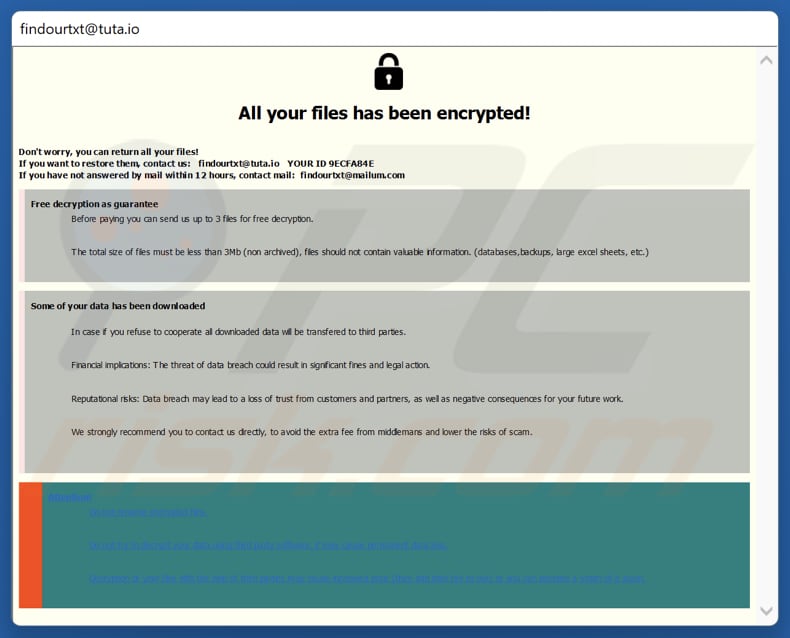 Richiesta di riscatto del ransomware FIND (finestra pop-up)
