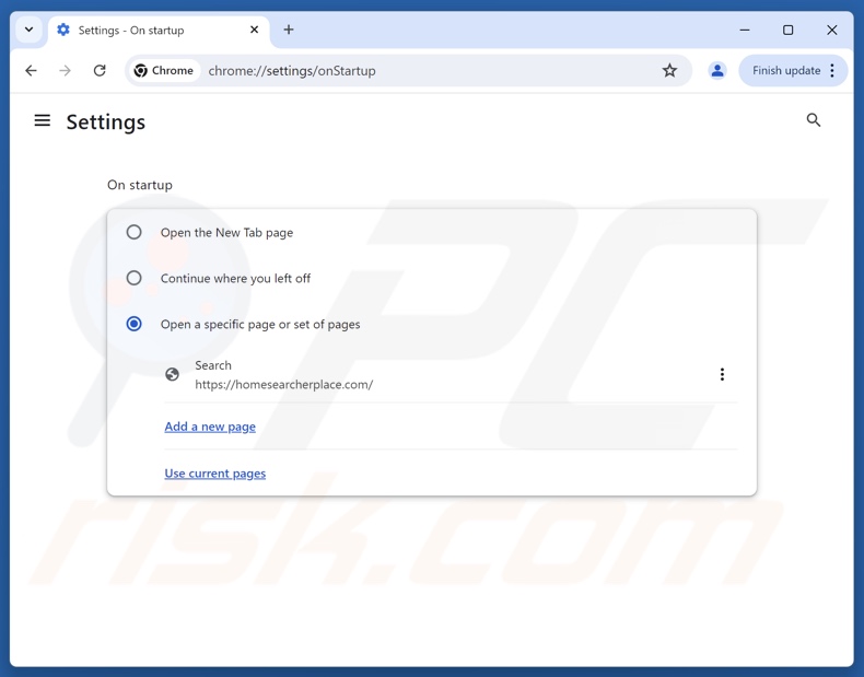 Rimuovere homesearcherplace[.]com dalla home page di Google Chrome