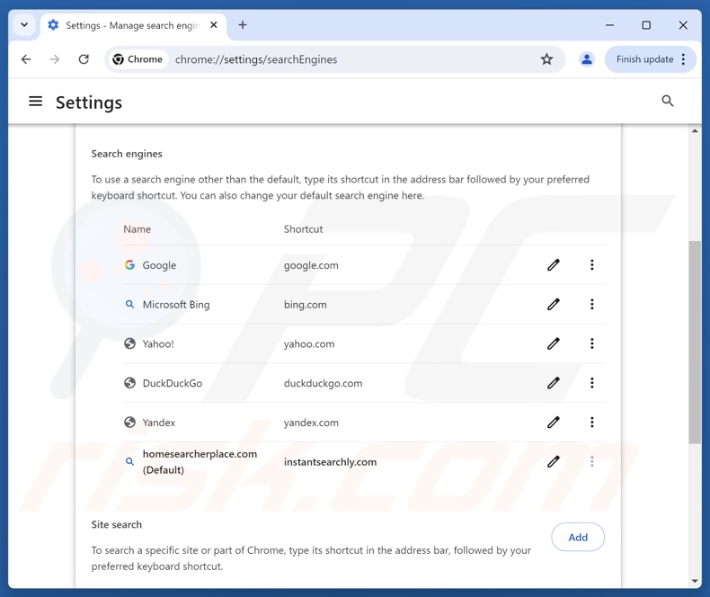 Rimozione di homesearcherplace[.]com dal motore di ricerca predefinito di Google Chrome