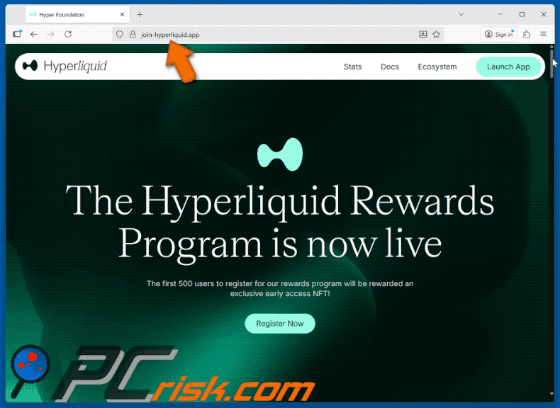 Aspetto del sito web falso del programma Hyperliquid Rewards (GIF)