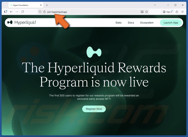 Sito web falso del programma fedeltà Hyperliquid