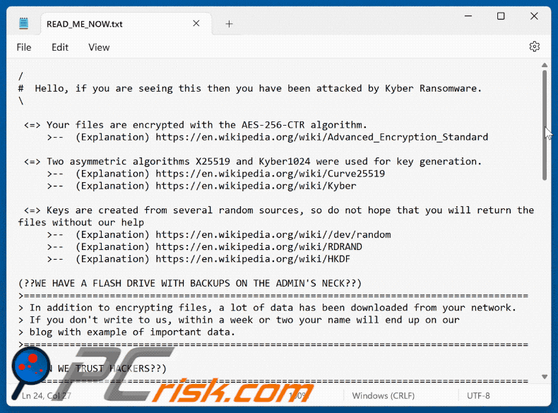 Kyber ransomware richiesta di riscatto (READ_ME_NOW.txt)
