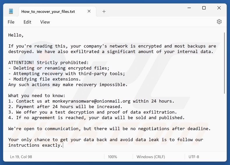 Monkey ransomware richiesta di riscatto (How_to_recover_your_files.txt)