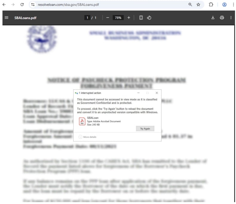 Falso PDF MonsterV2 che porta al metodo di consegna ClickFix (fonte: proofpoint.com)