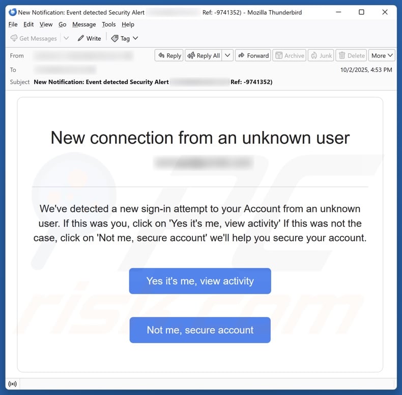 Campagna di spam via e-mail New Connection From An Unknown User