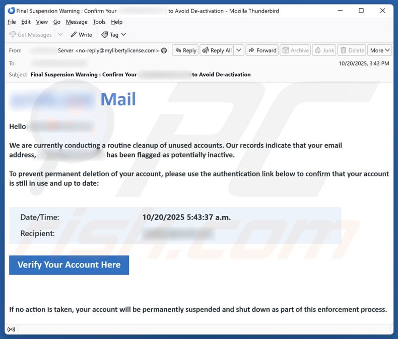 Email Account Failure Notice campagna di spam via e-mail