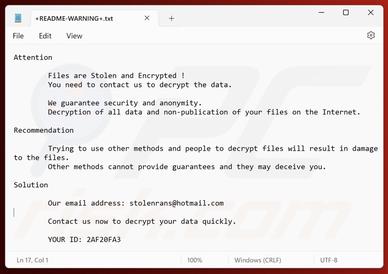 Richiesta di riscatto del ransomware Sns (+README-WARNING+.txt)