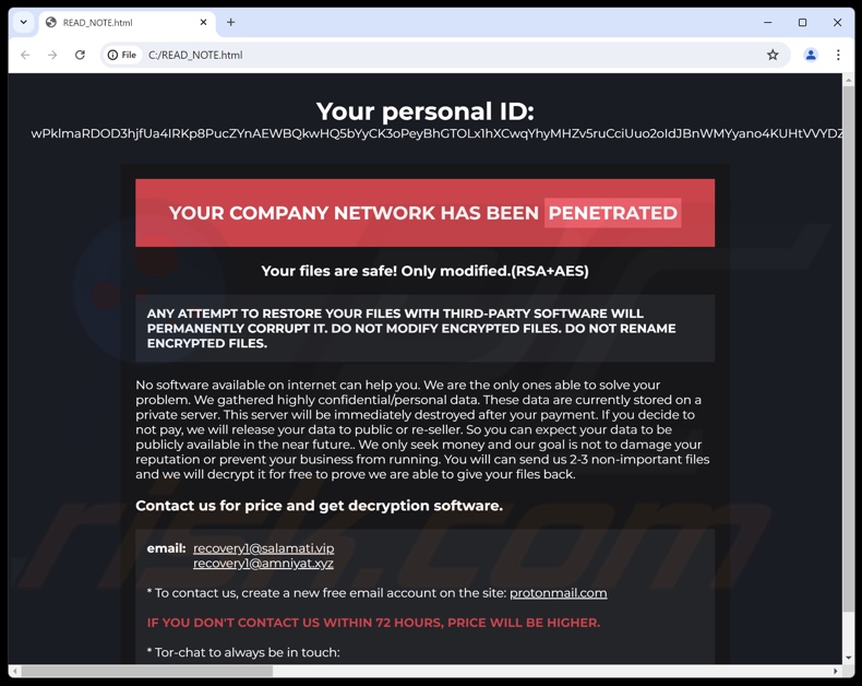 Trap ransomware richiesta di riscatto (READ_NOTE.html)