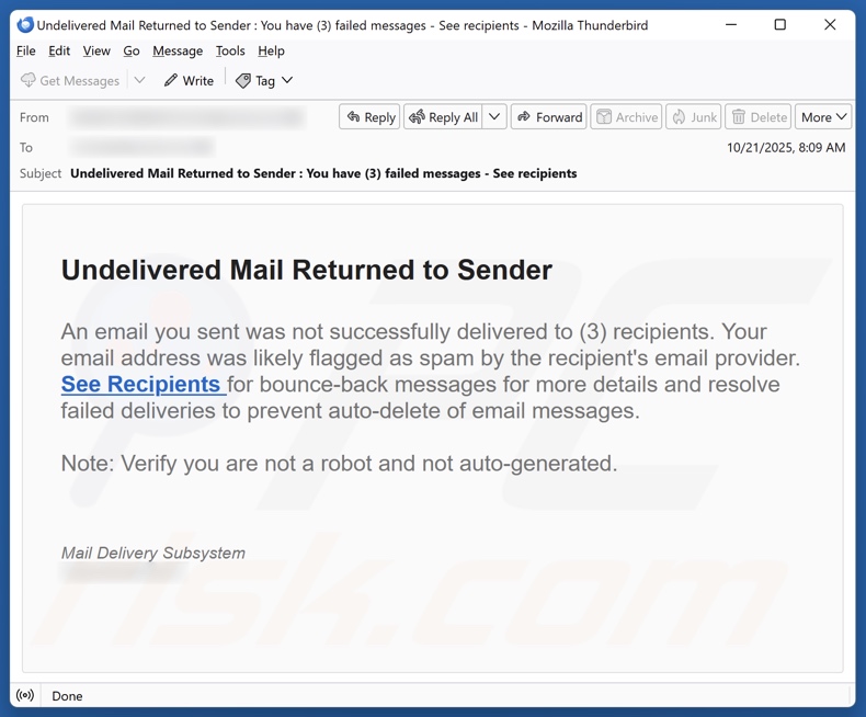 Undelivered Mail Returned To Sender campagna di spam via e-mail