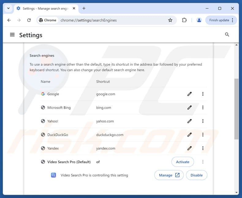 Rimozione di videosearcherpro.com dal motore di ricerca predefinito di Google Chrome