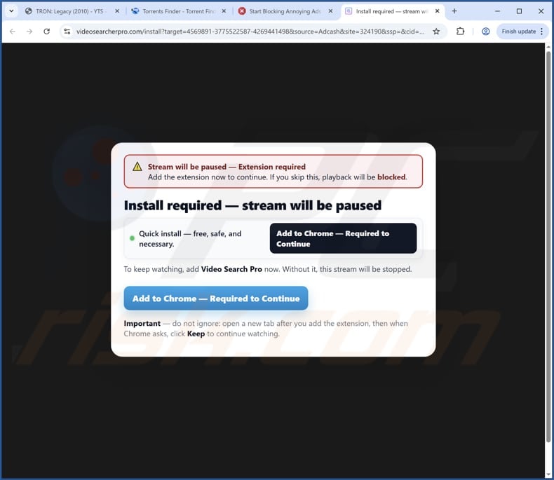videosearcherpro.com reindirizzamento promotore ingannevole