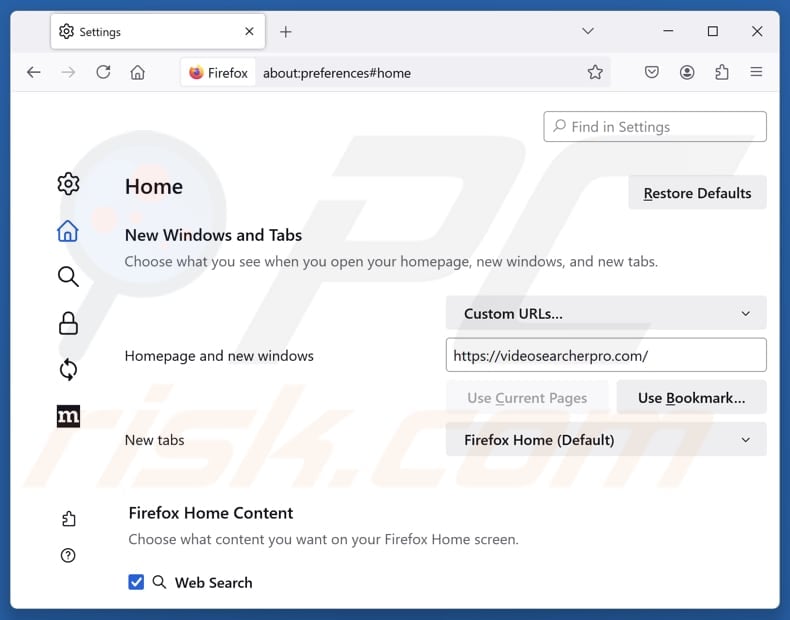 Rimozione di videosearcherpro.com dalla pagina iniziale di Mozilla Firefox