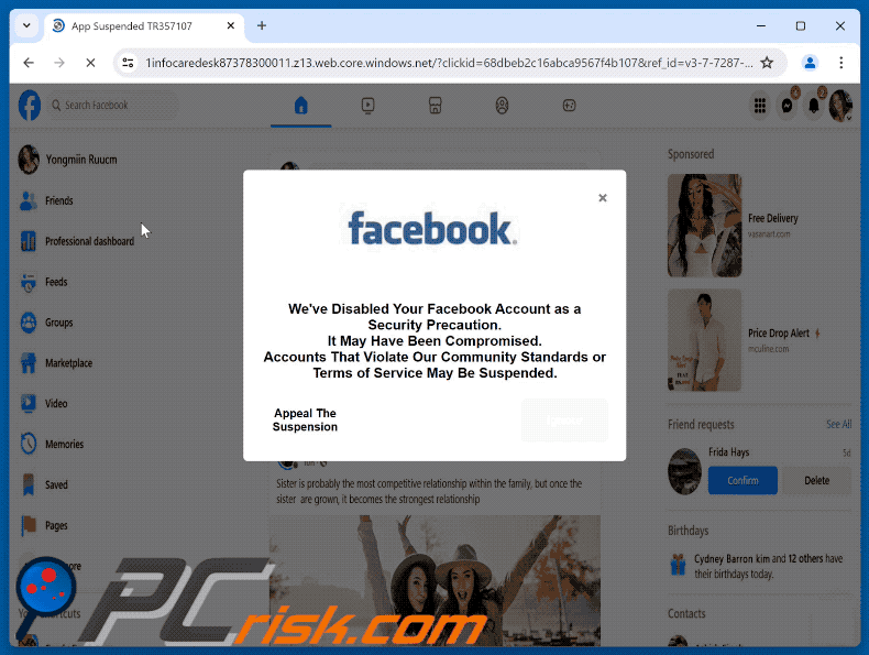 Aspetto della truffa Abbiamo disattivato il tuo account Facebook