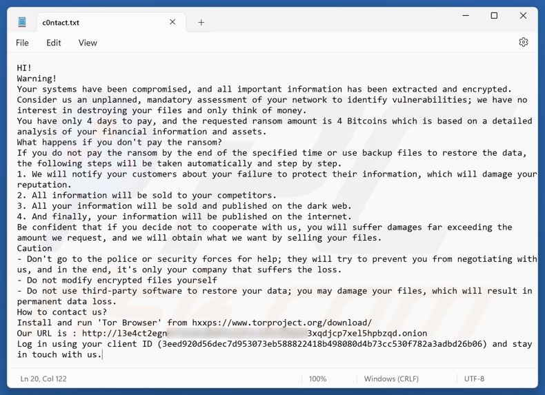 White Lock ransomware richiesta di riscatto (c0ntact.txt)