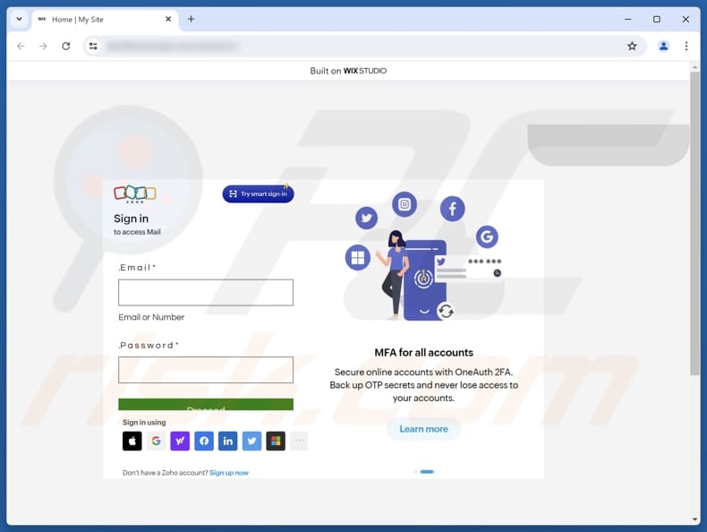 Zoho Mail + Wix Mail Studio Merger Upgrade Sito di phishing truffaldino