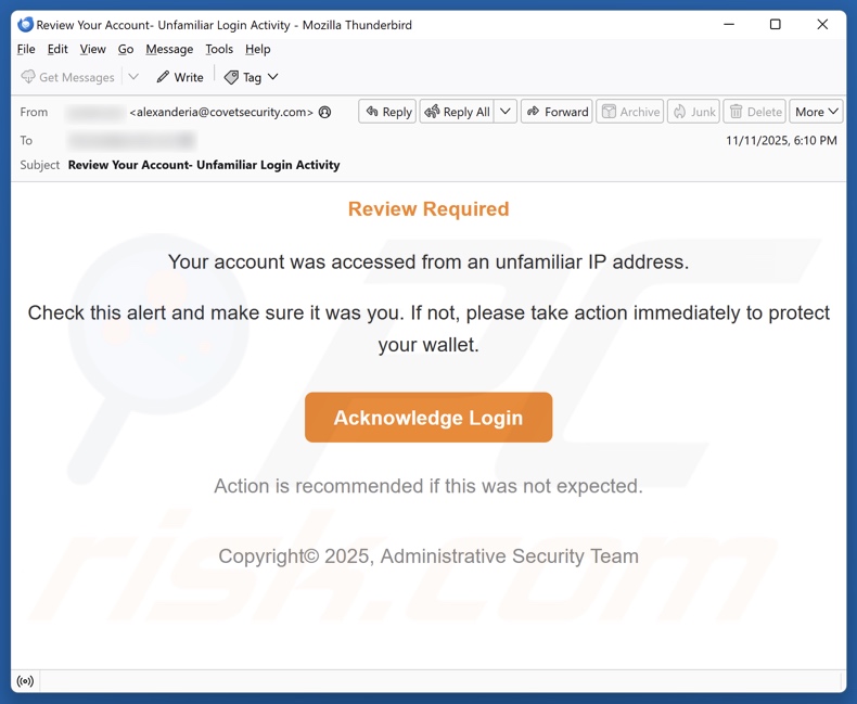 Account Accessed From An Unfamiliar IP Address campagna di spam via e-mail