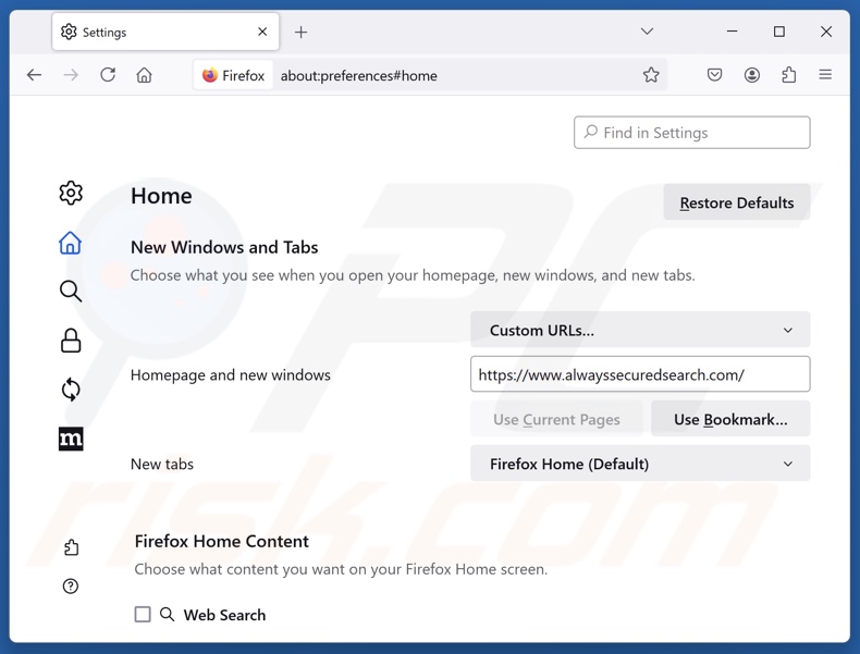 Rimozione di alwayssecuredsearch.com dalla pagina iniziale di Mozilla Firefox