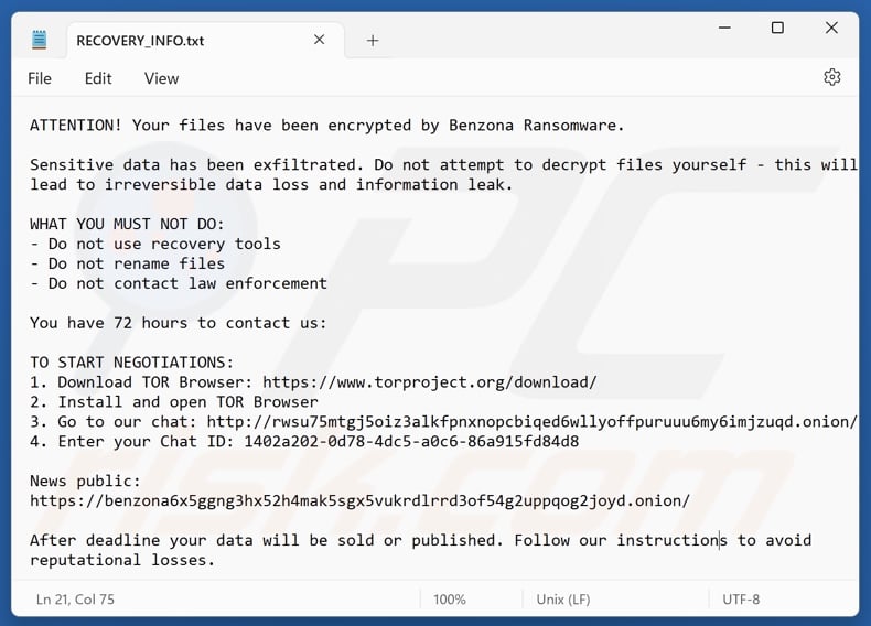 Benzona ransomware richiesta di riscatto (RECOVERY_INFO.txt)