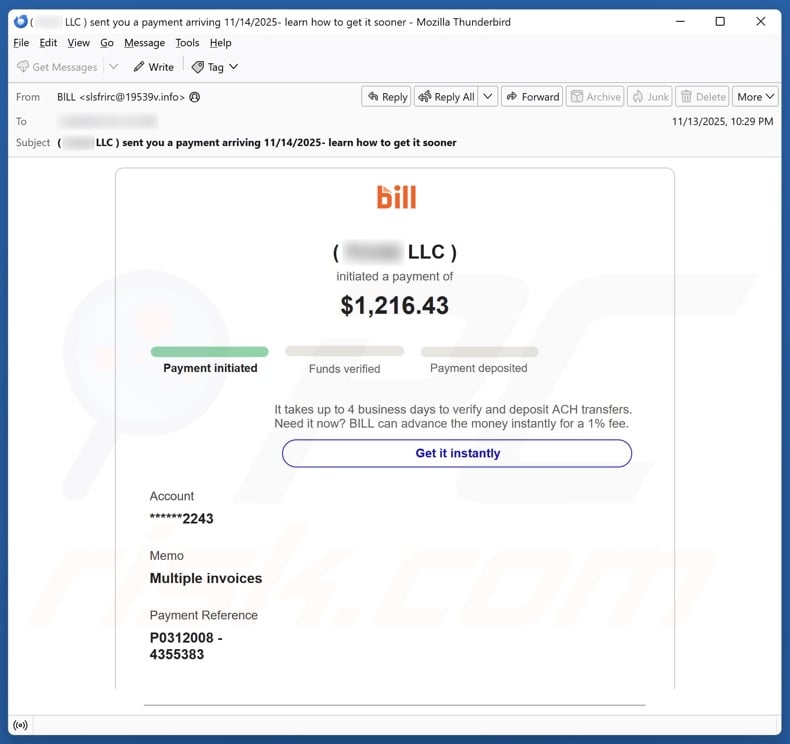 Bill Holdings - Initiated Payment campagna di spam via e-mail