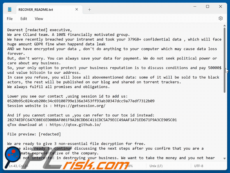 CCLand ransomware richiesta di riscatto (RECOVER_README.txt)