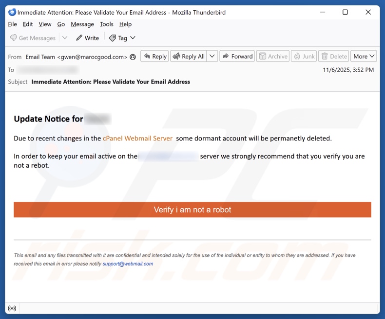 Changes In The cPanel Webmail Server campagna di spam via e-mail