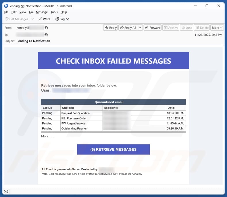 Check Inbox Failed Messages campagna di spam via e-mail