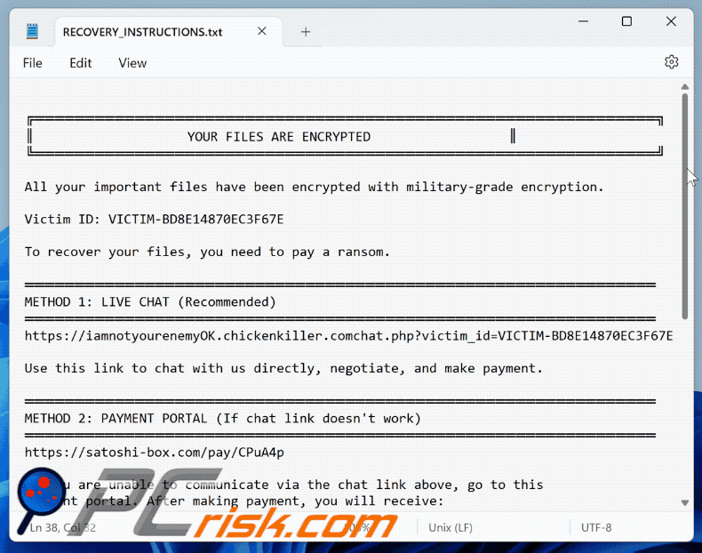 ChickenKiller ransomware richiesta di riscatto (RECOVERY_INSTRUCTIONS.txt) GIF
