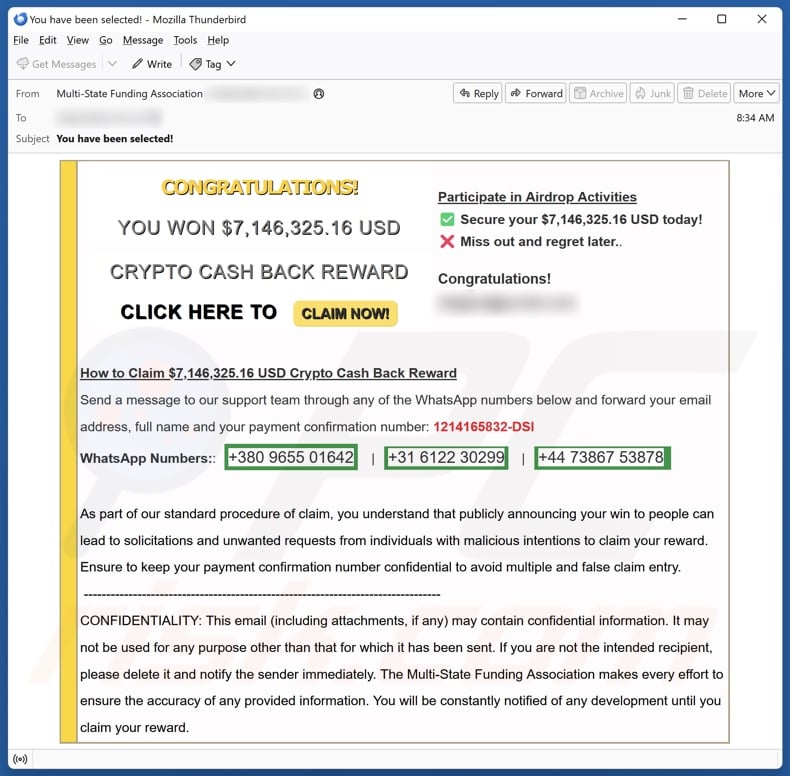 Crypto Cash Back Reward campagna di spam via e-mail