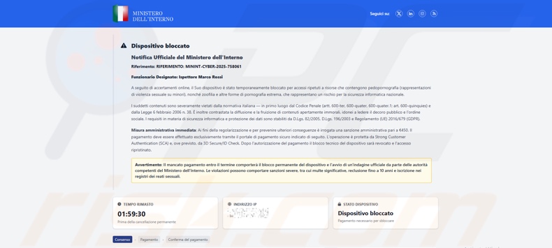 Comparsa della truffa Dispositivo bloccato a causa dell'accesso a contenuti illegali (variante italiana)