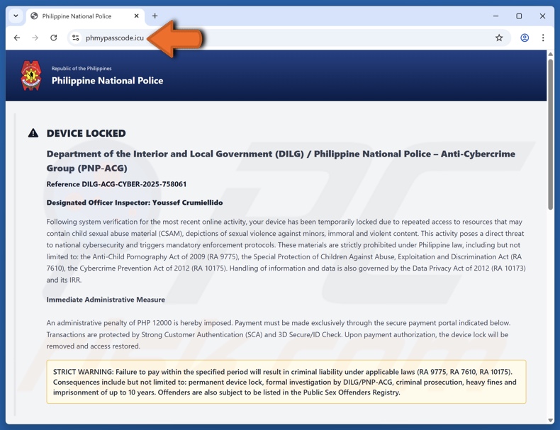 Device Locked Due To Access To Illegal Content truffa (variante inglese)