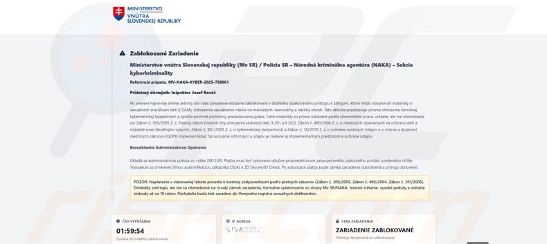 Compare la truffa Dispositivo bloccato a causa dell'accesso a contenuti illegali (variante slovacca)