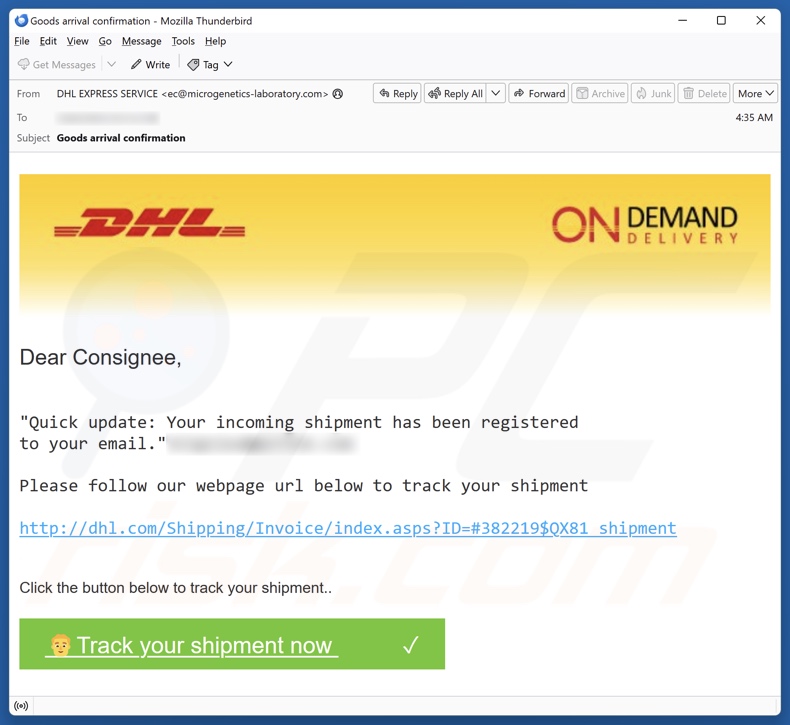 DHL - Shipment Registered To Your Email campagna di spam via e-mail