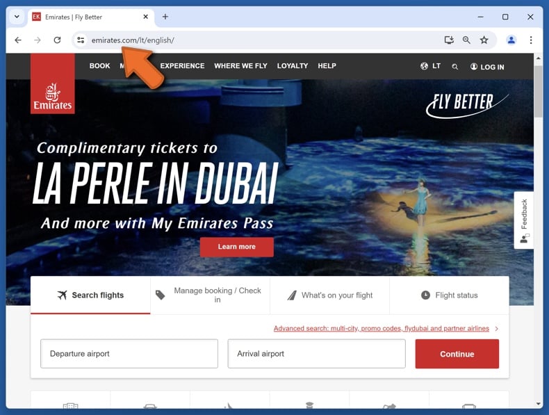 Aspetto del sito web ufficiale degli Emirati Arabi Uniti (emirates.com)