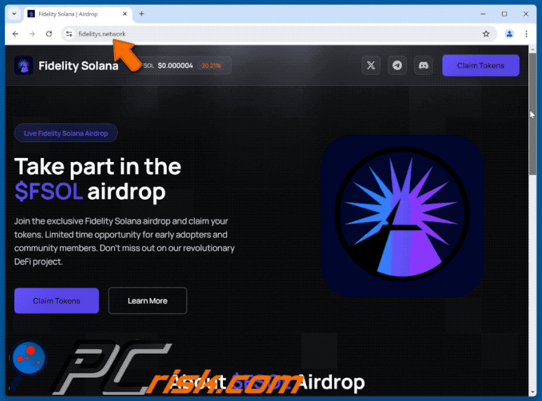 Aspetto del sito web falso Fidelity Solana Airdrop (GIF)