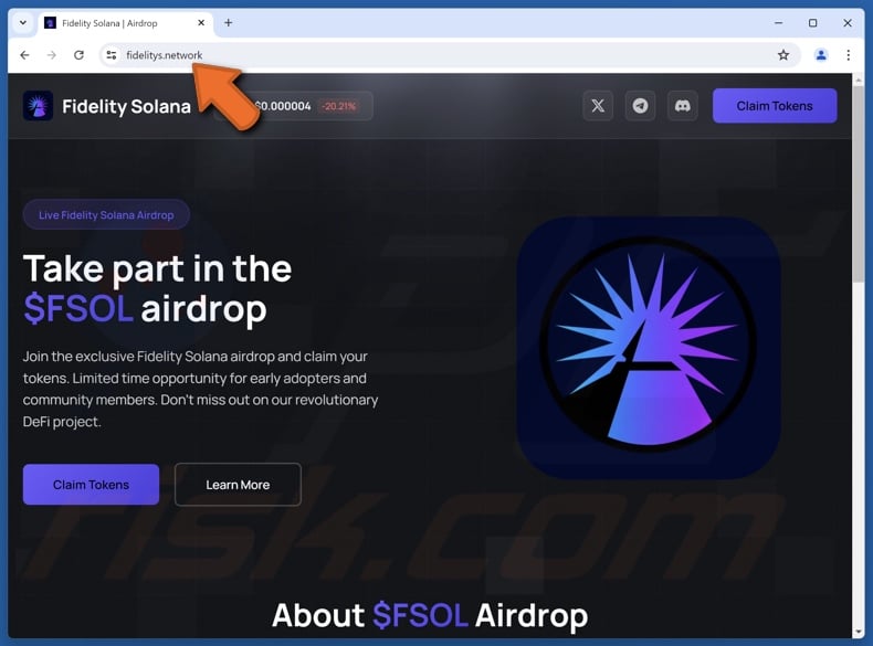 Sito web falso di Fidelity Solana Airdrop