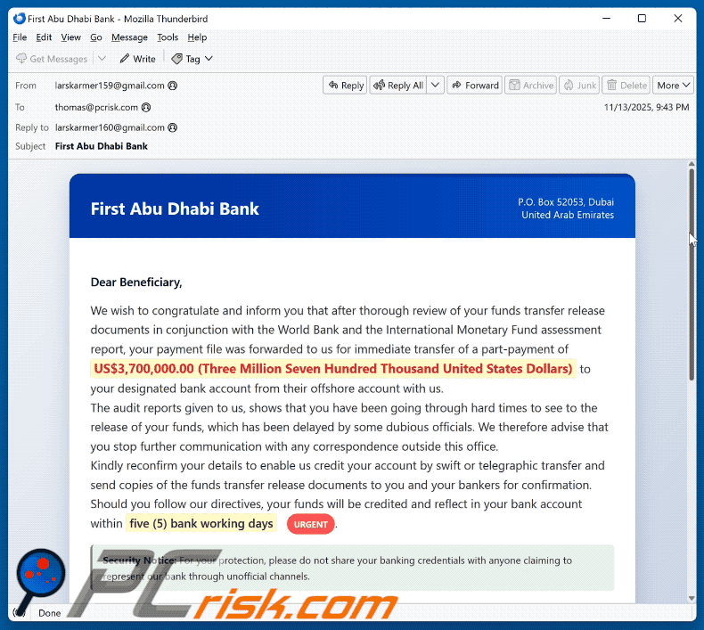 First Abu Dhabi Bank - Funds Transfer Documents aspetto delle e-mail truffaldine (GIF)