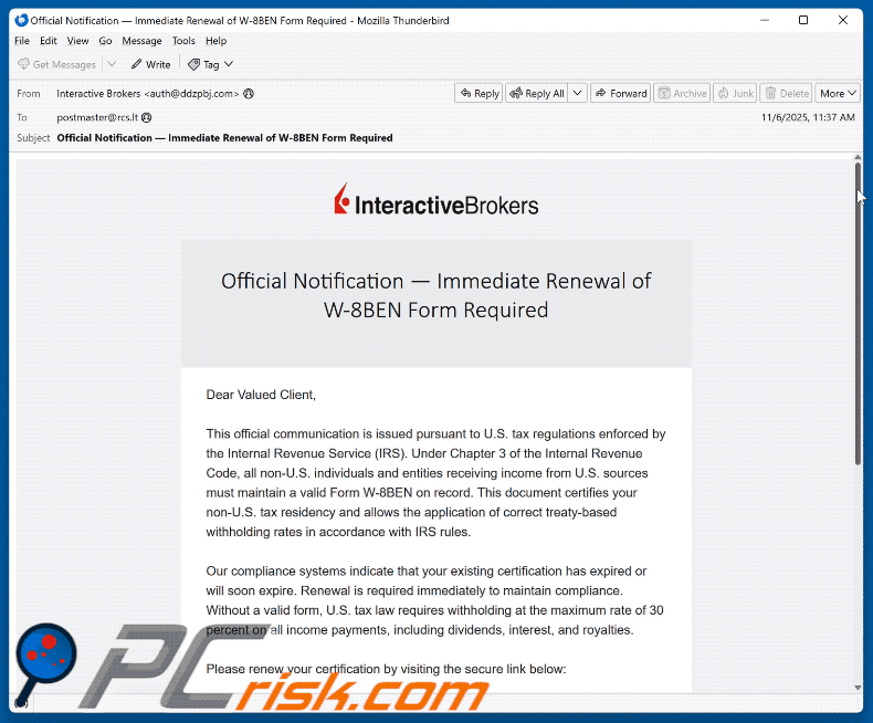Interactive Brokers - Renewal of W-8BEN Form Required aspetto delle e-mail truffaldine (GIF)