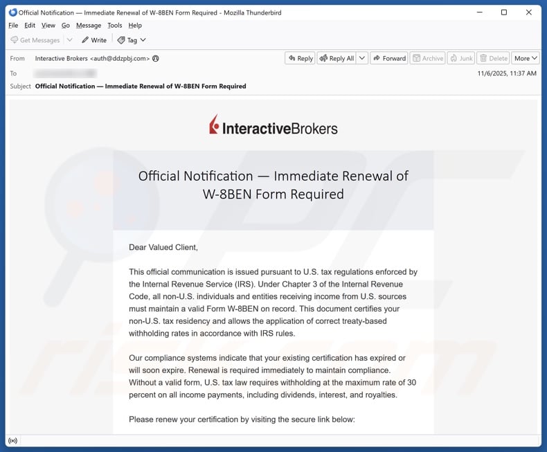 Interactive Brokers - Renewal of W-8BEN Form Required campagna di spam via e-mail